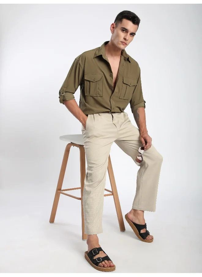 بيونغ Peanut Brown Roll Up Sleeve Shirt