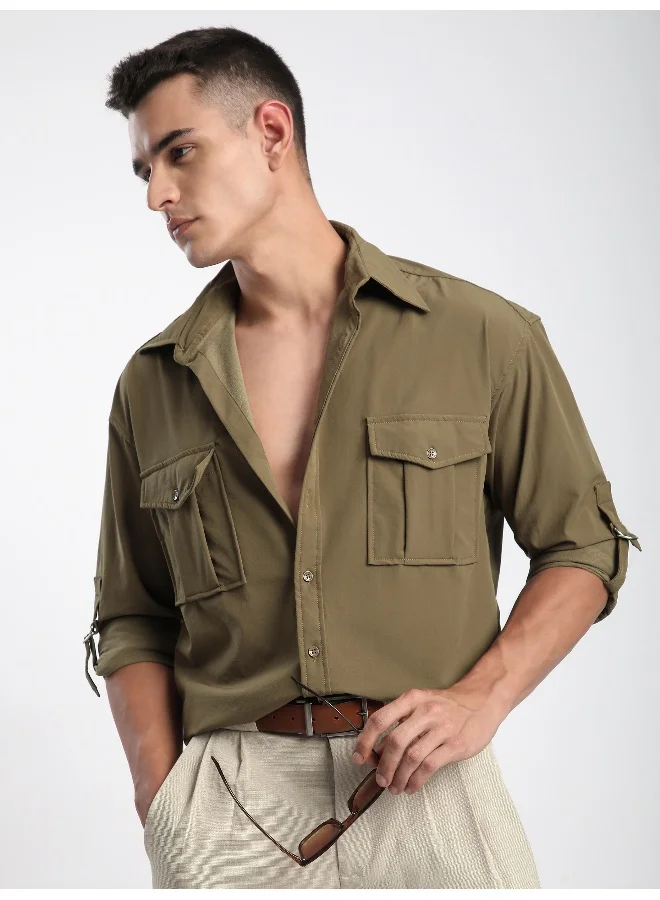 Beyoung Peanut Brown Roll Up Sleeve Shirt