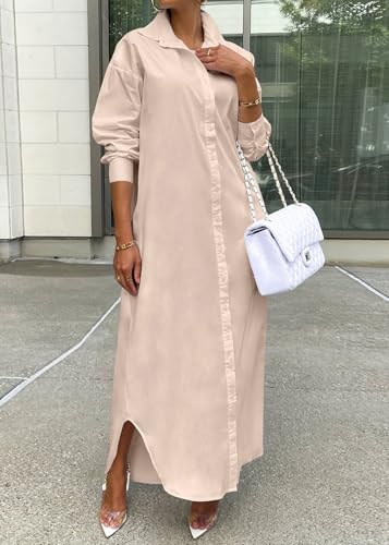Choichic Shirt Dresses for Women Casual Long Sleeve Collared Solid Color Loose Button Down T Shirts Dress Plus Size Maxi Dresses Small Khaki - Image 2