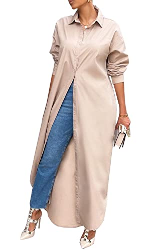 Choichic Shirt Dresses for Women Casual Long Sleeve Collared Solid Color Loose Button Down T Shirts Dress Plus Size Maxi Dresses Small Khaki - Image 5