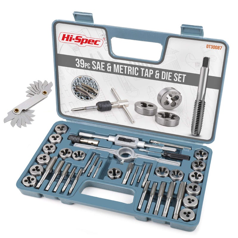 Hi-Spec 39 Piece SAE & Metric Tap & Die Set. Complete M3 to M12 / #4 to 1/2in Fine & Coarse Tools to Cut, Chase and Thread with Screw Pitch Gauge in a Tray Case - Image 1