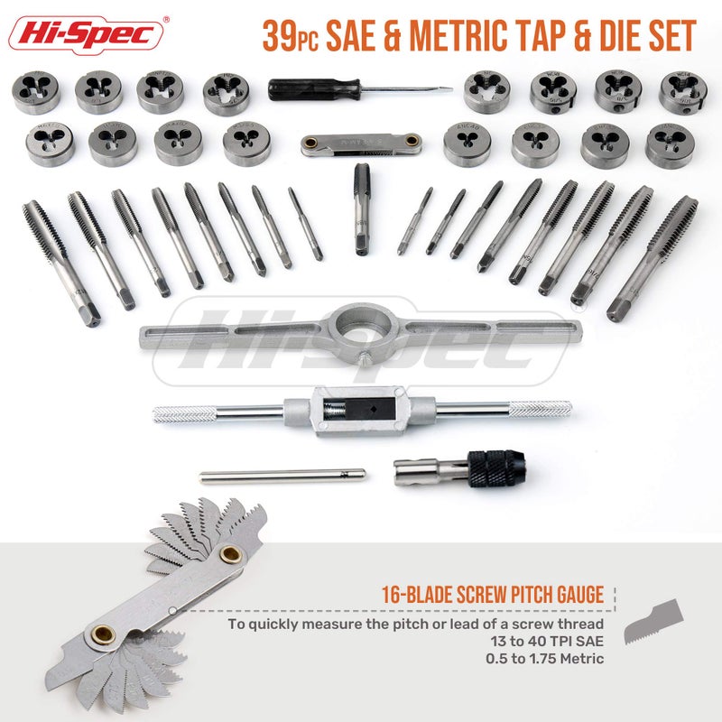 Hi-Spec 39 Piece SAE & Metric Tap & Die Set. Complete M3 to M12 / #4 to 1/2in Fine & Coarse Tools to Cut, Chase and Thread with Screw Pitch Gauge in a Tray Case - Image 2