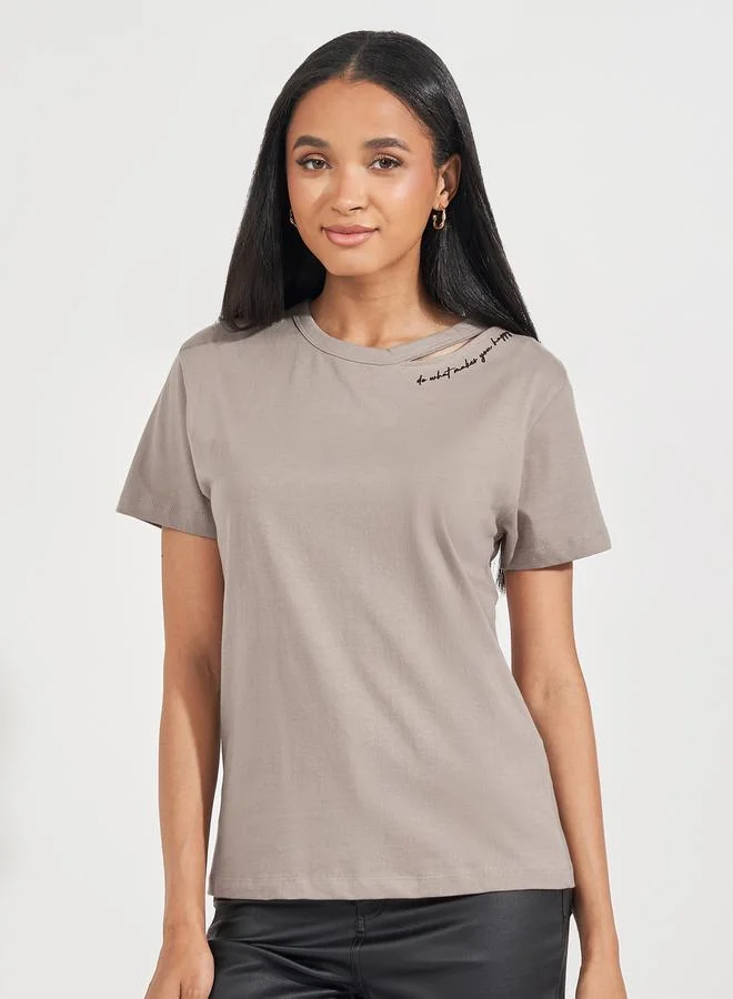 Styli Cotton Jersey Cut-Out Detail Printed T-Shirt