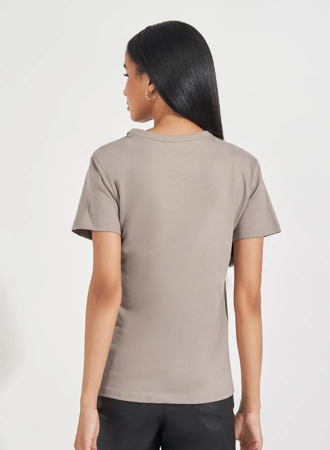Styli Cotton Jersey Cut-Out Detail Printed T-Shirt