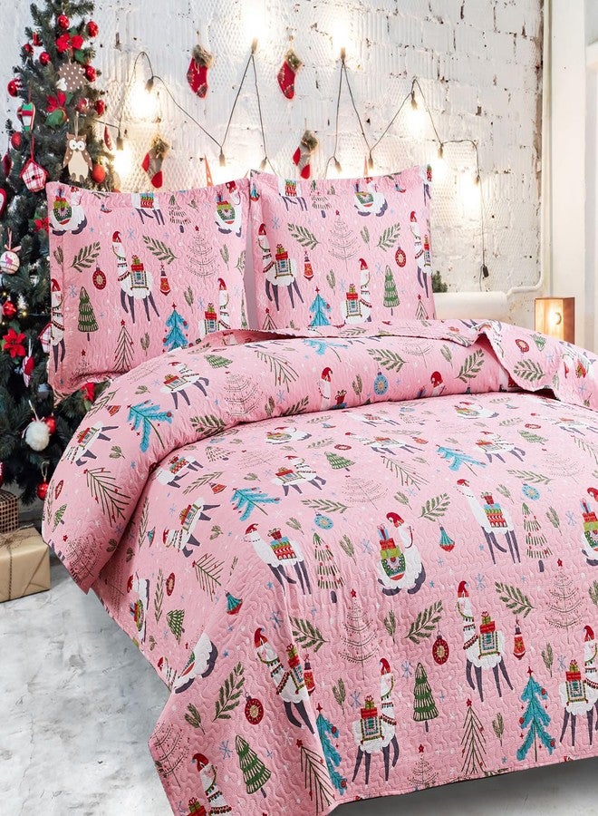 CHESITY Christmas Bedding Quilt Set Queen Size 3-Piece Kids Bedspread Xmas Bedding Set with Alpaca Pattern Lightweight Coverlet Cover for All Season (Pink, 1 Quilt + 2 Pillowcases) - Image 2