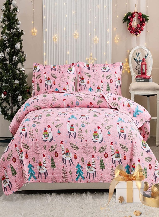 CHESITY Christmas Bedding Quilt Set Queen Size 3-Piece Kids Bedspread Xmas Bedding Set with Alpaca Pattern Lightweight Coverlet Cover for All Season (Pink, 1 Quilt + 2 Pillowcases) - Image 1