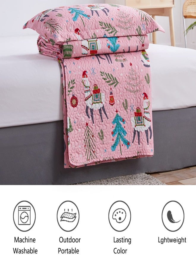 CHESITY Christmas Bedding Quilt Set Queen Size 3-Piece Kids Bedspread Xmas Bedding Set with Alpaca Pattern Lightweight Coverlet Cover for All Season (Pink, 1 Quilt + 2 Pillowcases) - Image 5
