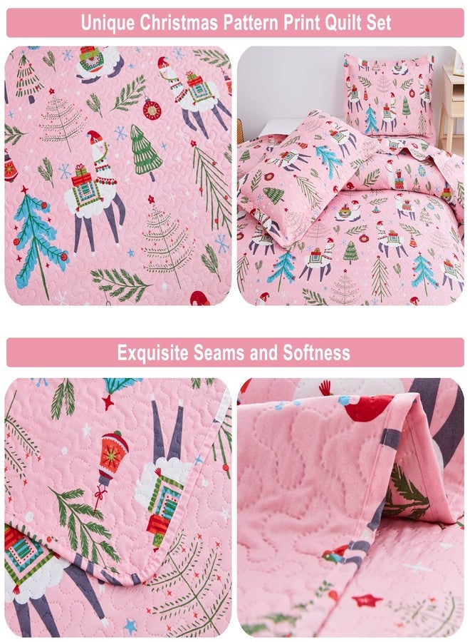 CHESITY Christmas Bedding Quilt Set Queen Size 3-Piece Kids Bedspread Xmas Bedding Set with Alpaca Pattern Lightweight Coverlet Cover for All Season (Pink, 1 Quilt + 2 Pillowcases) - Image 4