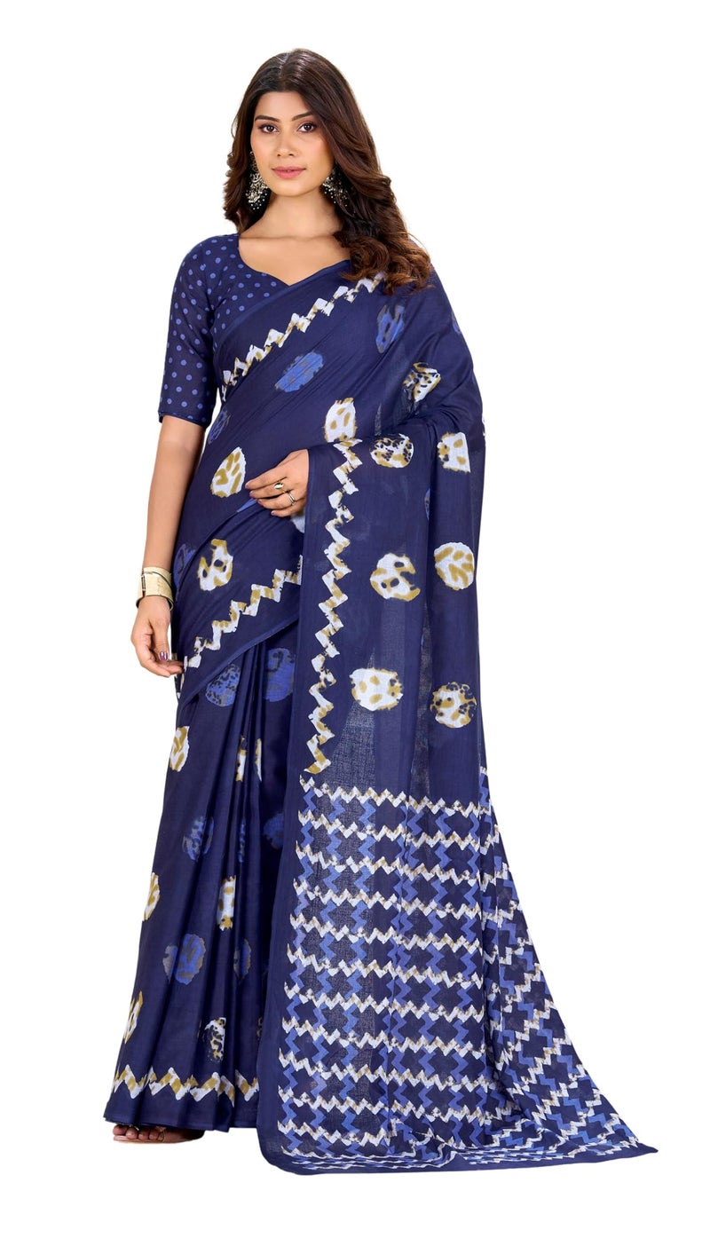 Kalaanj ساري كالانج للنساء || ساري قطن مطبوع مع بلوزة (KALSS25SAR-2112-Blue-Free Size) - Image 1