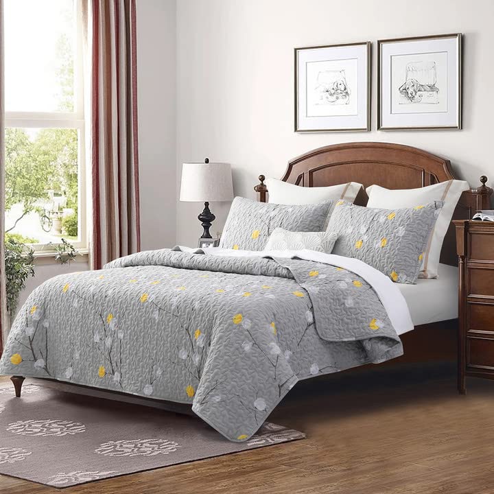 DURLENGEN Floral Quilt Set Queen Size 3Pcs,Grey Branch with Yellow Turquoise Polka Dot Pattern All Season Lightweight Coverlet Sets(Queen 90x96, Botanical Grey) - Image 2