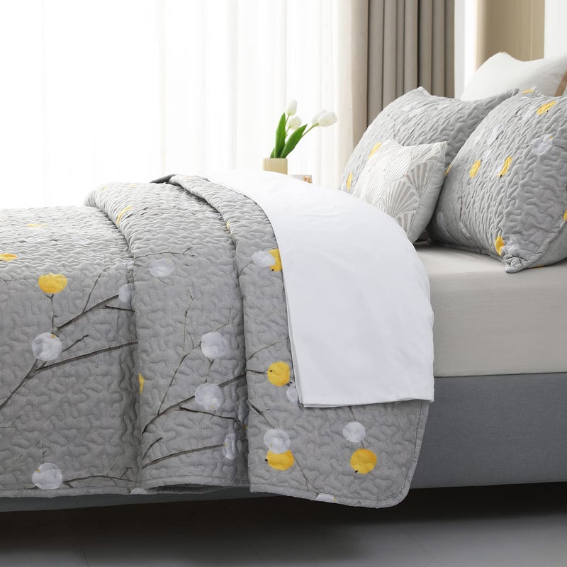 DURLENGEN Floral Quilt Set Queen Size 3Pcs,Grey Branch with Yellow Turquoise Polka Dot Pattern All Season Lightweight Coverlet Sets(Queen 90x96, Botanical Grey) - Image 3
