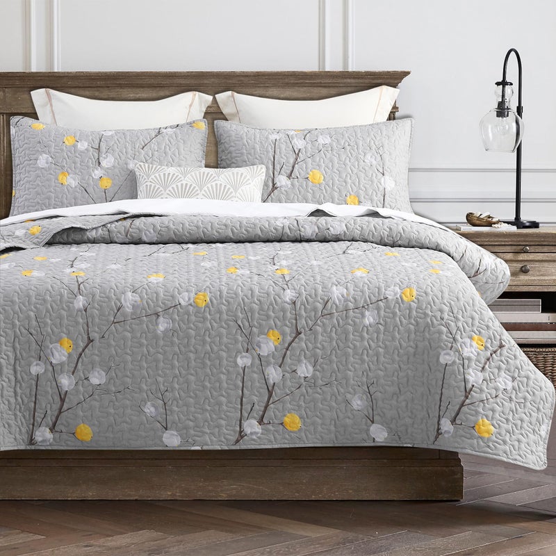 DURLENGEN Floral Quilt Set Queen Size 3Pcs,Grey Branch with Yellow Turquoise Polka Dot Pattern All Season Lightweight Coverlet Sets(Queen 90x96, Botanical Grey) - Image 1