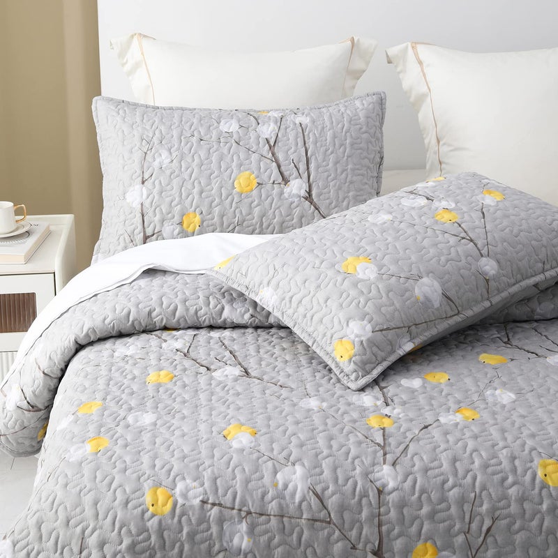 DURLENGEN Floral Quilt Set Queen Size 3Pcs,Grey Branch with Yellow Turquoise Polka Dot Pattern All Season Lightweight Coverlet Sets(Queen 90x96, Botanical Grey) - Image 4