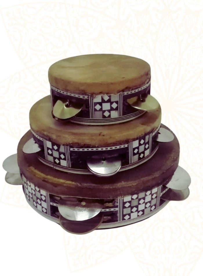 موسيقى الكرز طقم دفوف الرق من الخشب شرقي كلاسيكي بتصميم سطح من جلد الماعز وجلاجل ب 3 مقاسات - Image 1