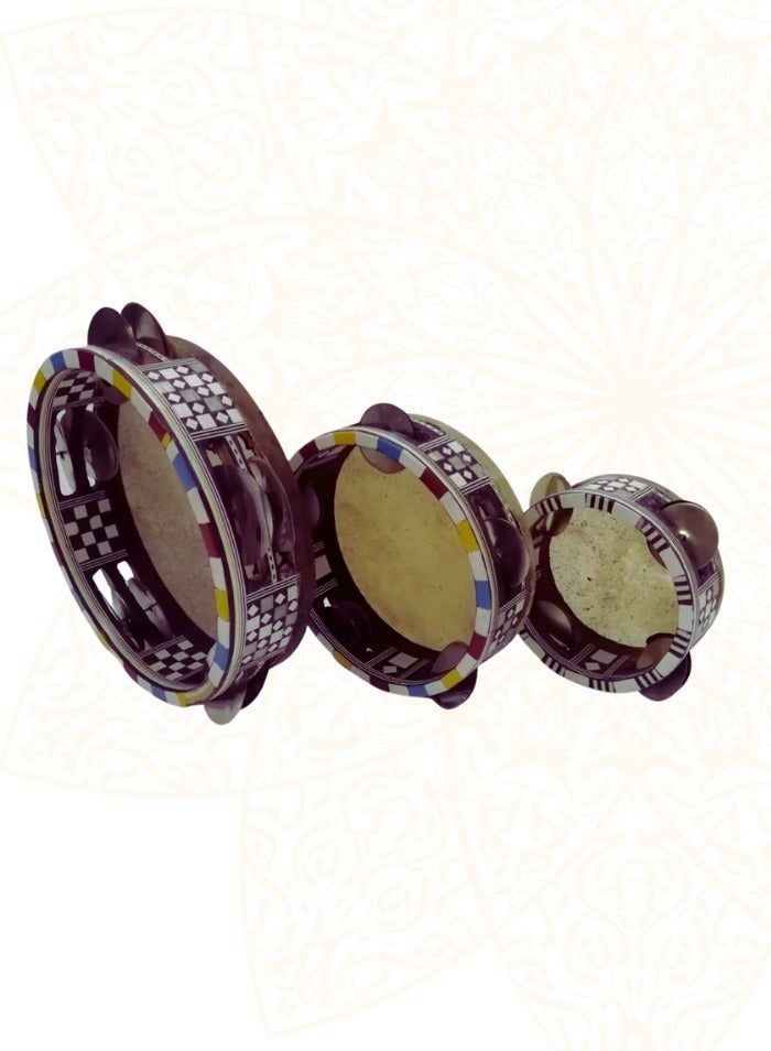 موسيقى الكرز طقم دفوف الرق من الخشب شرقي كلاسيكي بتصميم سطح من جلد الماعز وجلاجل ب 3 مقاسات - Image 2