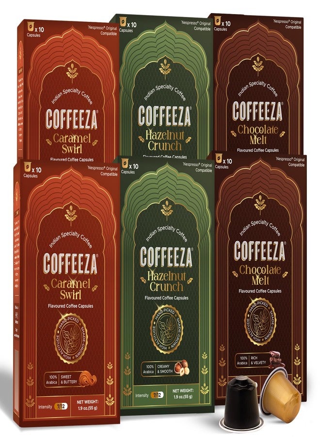 Coffeeza Variety Pack Flavoured - 60 Coffee Capsules (Pack of 6) - Original Line compatible - Specialty Indian Arabica Coffee - Recyclable Pods - Medium Roast - Flavored Espresso Pods - Image 1