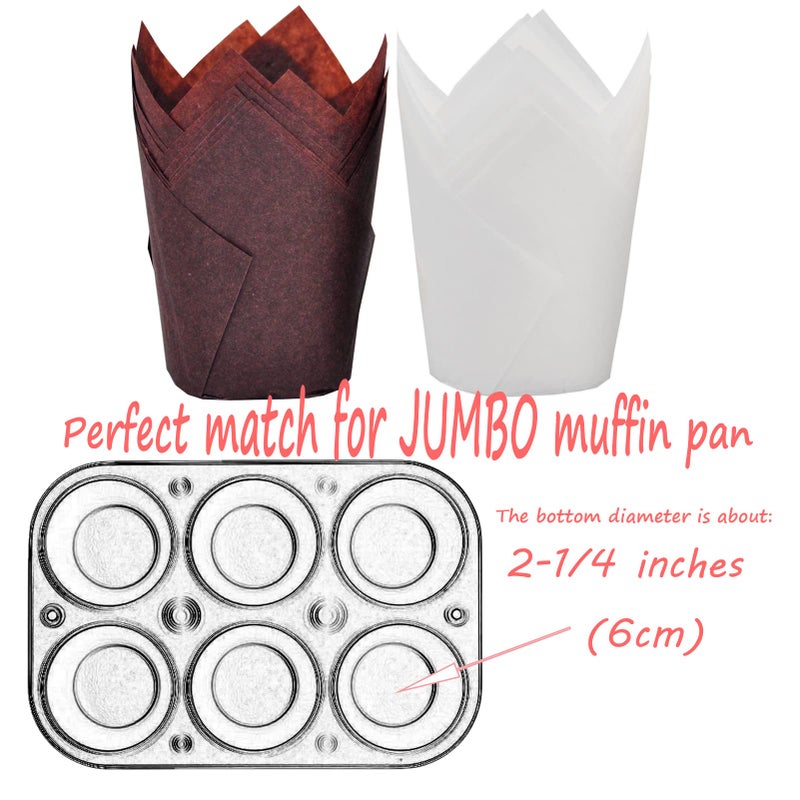 MyBakning Large size White+Brown Tulip Baking Cups 2-1/4"(Base diameter) x 4"(Wall height) Greaseproof paper baking cupcake Muffin liners, Case of 130 pcs - Image 2