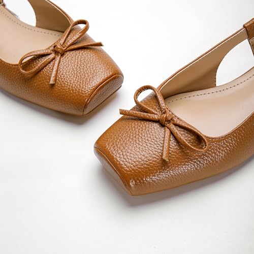 Lhamo Latso Brown Ballet Flats 1 Inch Low Block Heel Slingback Comfortable Ballerina Flat Bow Dressy Flats Shoes for Women Satin 7.5 - Image 4
