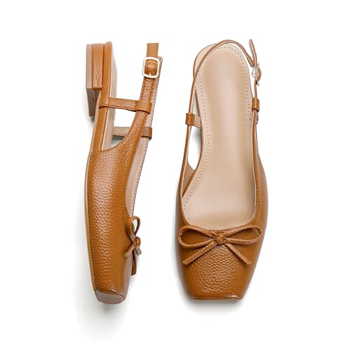Lhamo Latso Brown Ballet Flats 1 Inch Low Block Heel Slingback Comfortable Ballerina Flat Bow Dressy Flats Shoes for Women Satin 7.5 - Image 3