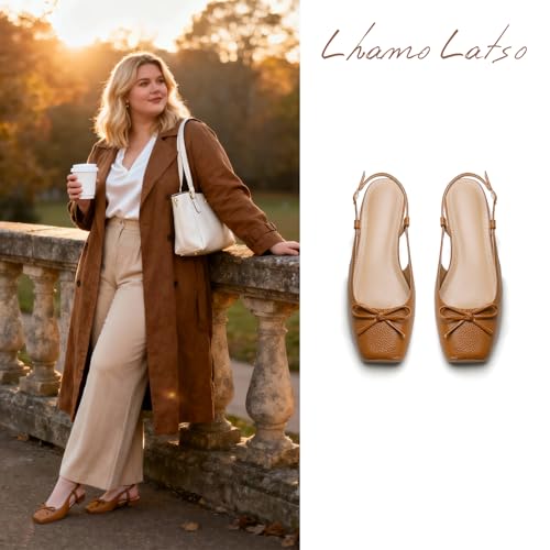 Lhamo Latso Brown Ballet Flats 1 Inch Low Block Heel Slingback Comfortable Ballerina Flat Bow Dressy Flats Shoes for Women Satin 7.5 - Image 2