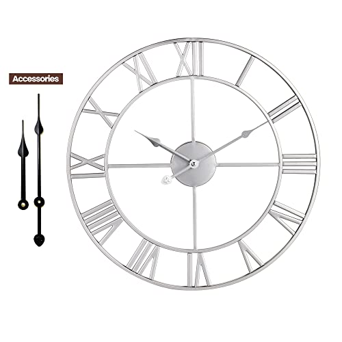 1st owned Large Wall Clock, Metal Retro Roman Numeral Clock, Modern Round Wall Clocks Almost Silent, Easy to Read for Living Room/Home/Kitchen/Bedroom/Office/School Decor (Silver, 18.5 Inch) - Image 3