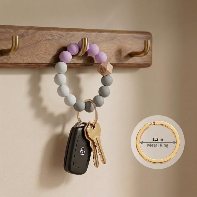BIHRTC Bracelet Keychain Wristlet Silicone Beaded Bangle Key Ring PU Leather Tassel House Car Key Bracelet Keychain Wristlet Portable House Car Keys Holder for Women - Image 3