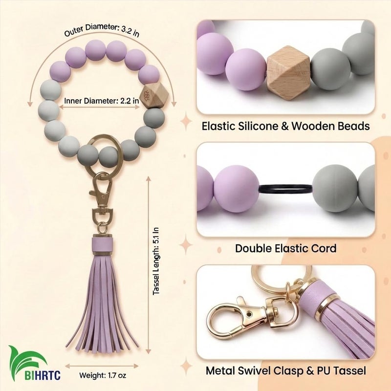 BIHRTC Bracelet Keychain Wristlet Silicone Beaded Bangle Key Ring PU Leather Tassel House Car Key Bracelet Keychain Wristlet Portable House Car Keys Holder for Women - Image 2