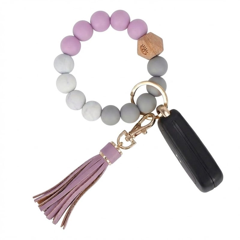 BIHRTC Bracelet Keychain Wristlet Silicone Beaded Bangle Key Ring PU Leather Tassel House Car Key Bracelet Keychain Wristlet Portable House Car Keys Holder for Women - Image 1