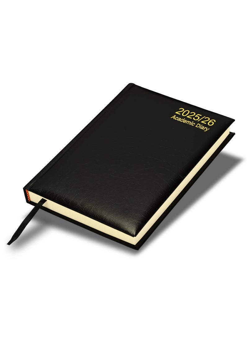 FIS FIS 2025-2026 ACADEMIC DIARY, A5 Size(148x210mm) with German Bonded Leather Cover Materials, English, 70gsm Italian Ivory Paper, Black Color, Pack in Gift Box-FSDI15EBL2526BK  - Image 1