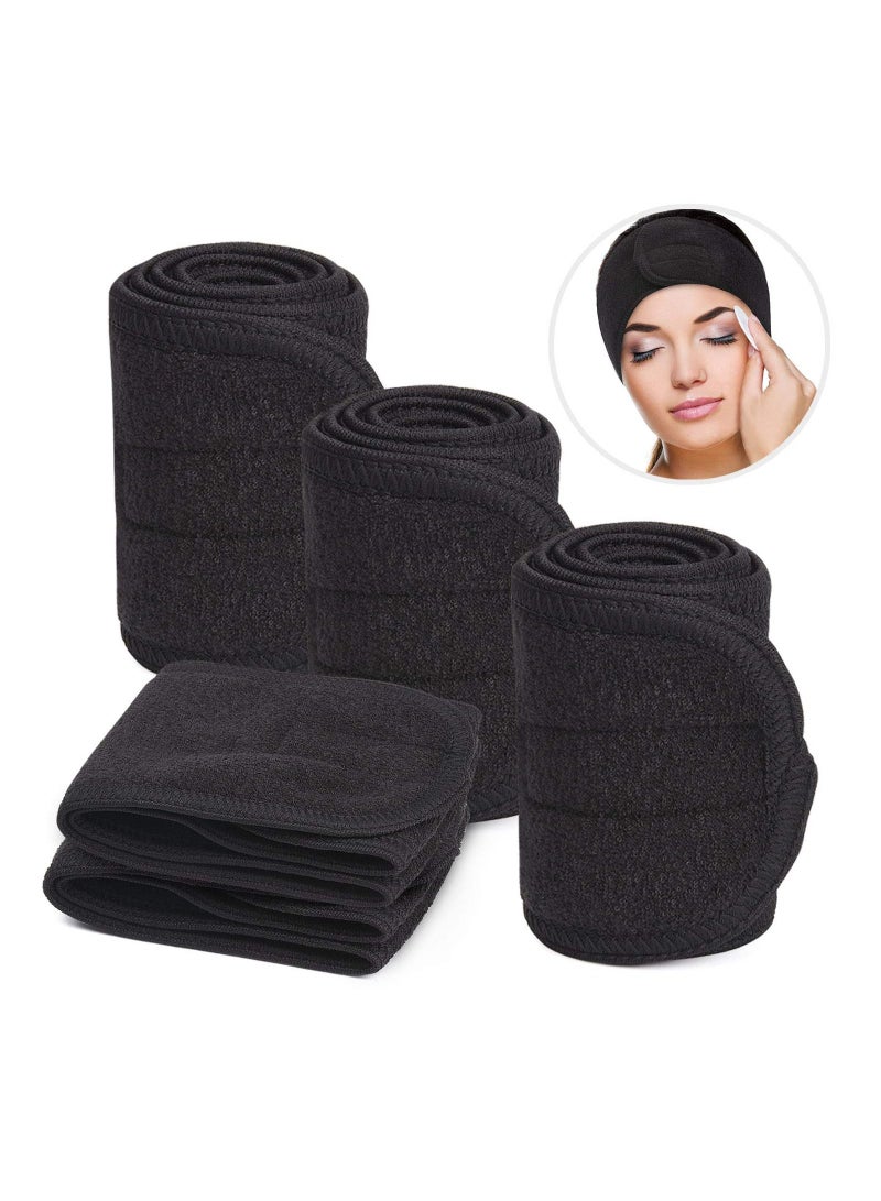 LA PERLA TECH  Spa Facial Headband Head Wrap Terry Cloth Headband 4 counts Stretch Towel for Bath, Makeup and Sport (Black))