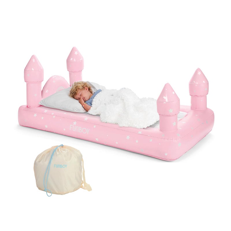 FUNBOY Kids Pink Castle Sleepover Travel Bed & Air Mattress. Perfect for Sleepovers. Includes Carrying Storage Bag, Twin - Image 1
