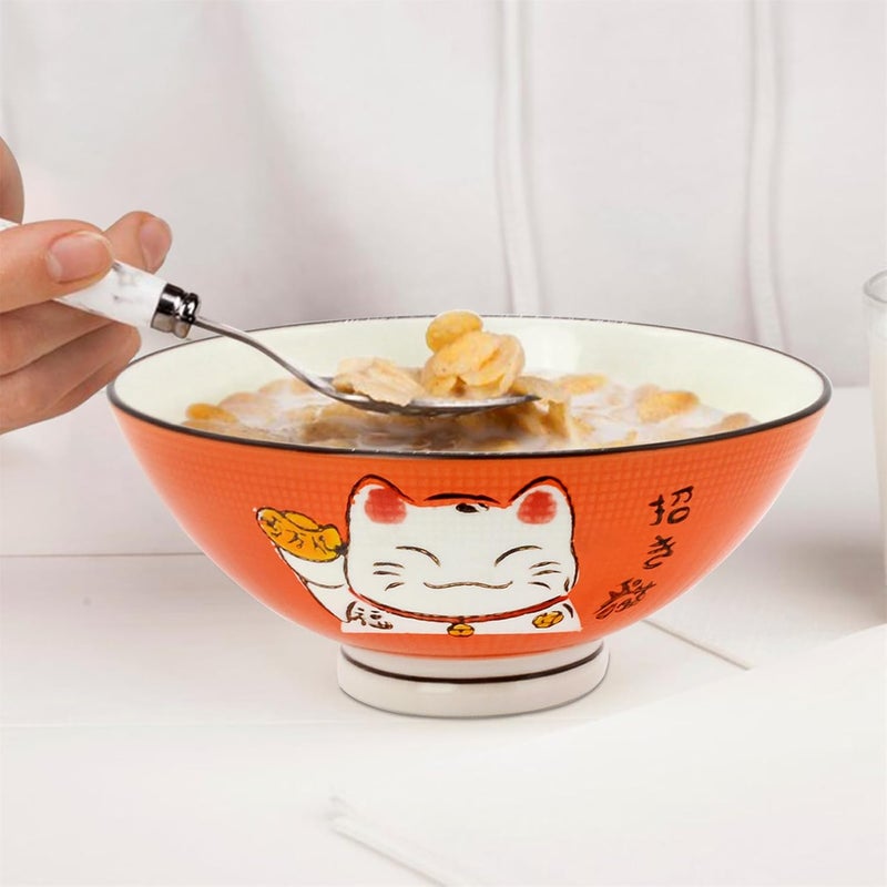 Fengshuibringluck 2PCS Cereal Bowls Soup Bowl Set 59 Ramen Bowls Large Soup Bowls Salad Bowls for Kitchen Luck Cat Maneki Neko Orange - Image 3