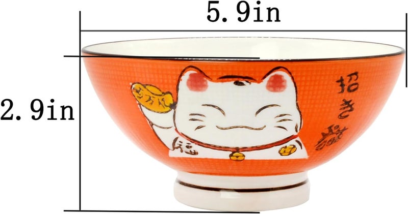 Fengshuibringluck 2PCS Cereal Bowls Soup Bowl Set 59 Ramen Bowls Large Soup Bowls Salad Bowls for Kitchen Luck Cat Maneki Neko Orange - Image 2