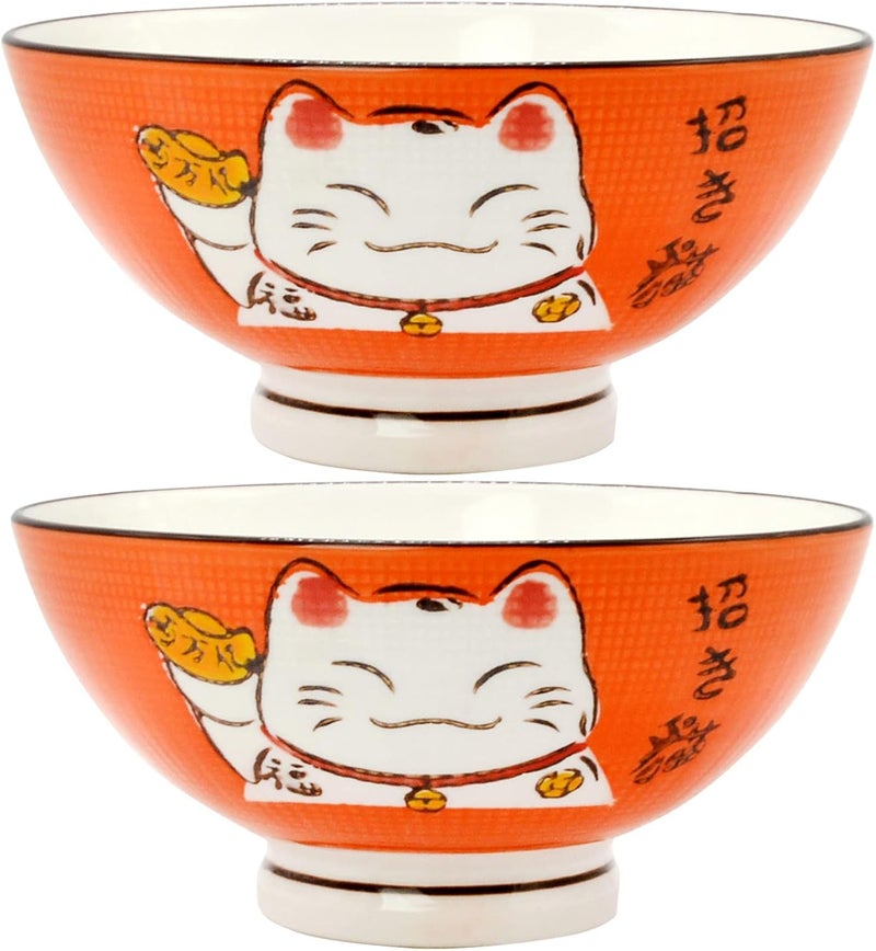 Fengshuibringluck 2PCS Cereal Bowls Soup Bowl Set 59 Ramen Bowls Large Soup Bowls Salad Bowls for Kitchen Luck Cat Maneki Neko Orange - Image 1