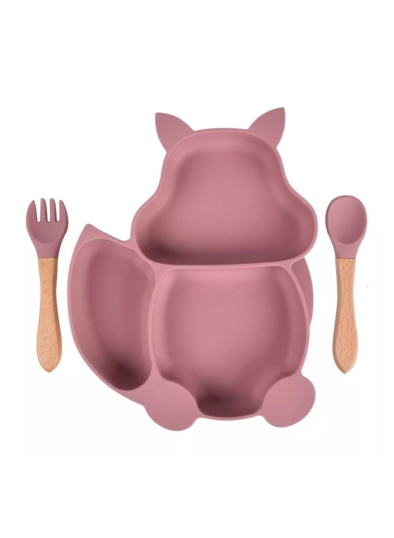 هايلاند طقم ملعقة وشوكة من 3 قطع من السيليكون على شكل سنجاب وردي للأطفال لفطام الطفل - Image 1