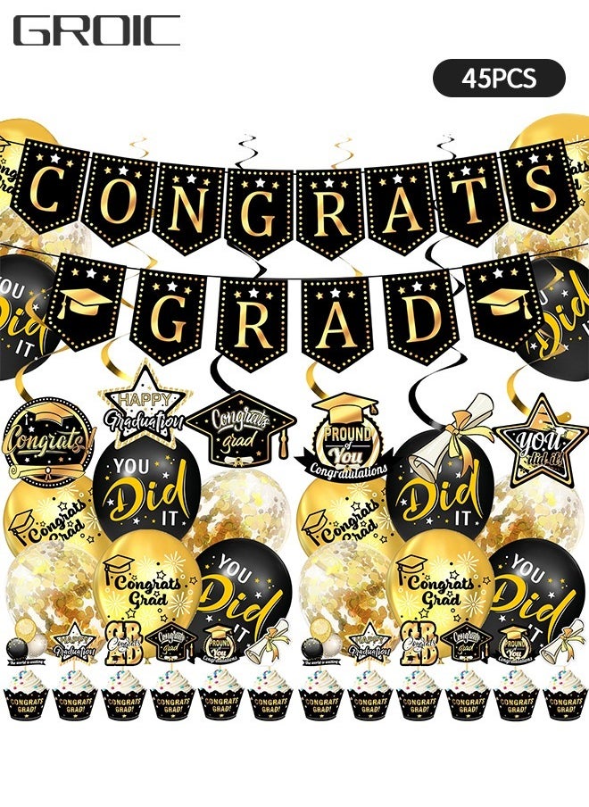GROIC - 45 PCs 2024 Graduation Party Decorations Graduation Party Decorations Kit Graduation Decorations Class of 2024 Set with Congrats Grad Banner, Graduation Balloons, Cake Decorations Party Supplies - Image 1