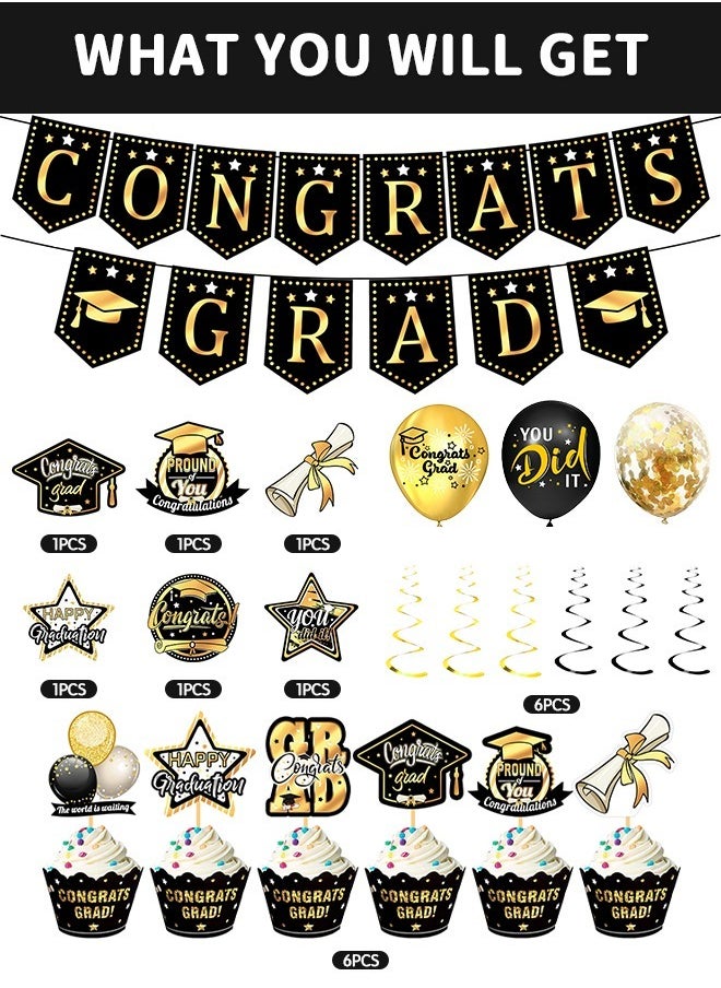 GROIC - 45 PCs 2024 Graduation Party Decorations Graduation Party Decorations Kit Graduation Decorations Class of 2024 Set with Congrats Grad Banner, Graduation Balloons, Cake Decorations Party Supplies - Image 1