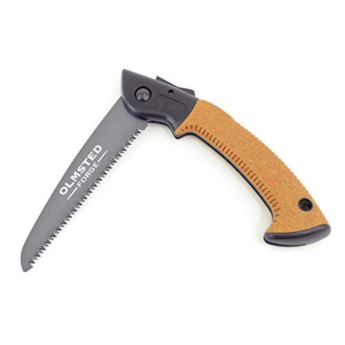 OLMSTED FORGE Hand Saw with 7 Inch Folding Blade and Push Button Lock - Portable Saw for Camping, Hiking, Hunting, Pruning, Tree Trimming, Cutting Branches - Image 1