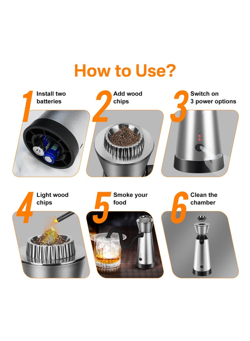 SYOSI Cocktail Smoker Kit, Smoking Gun Food Smoker with Cup, Lid and 4 Flavors Wood Chips, Handheld Portable Drink and Food Smoker Infuser for Cocktails Meat Drinks BBQ Cheese, for Men (Silver) - Image 4