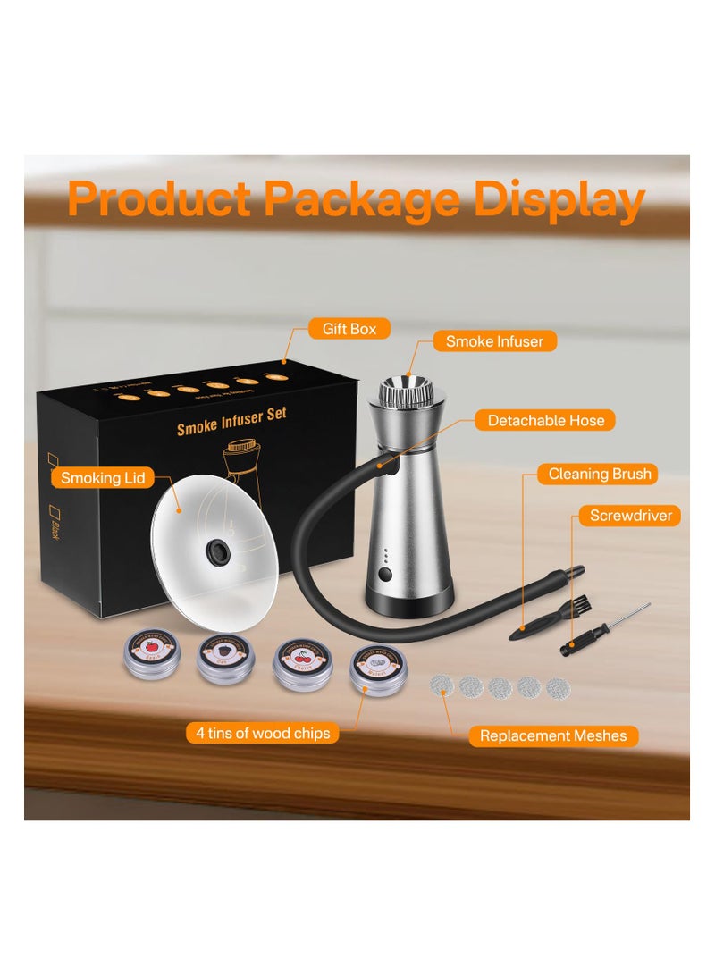 SYOSI Cocktail Smoker Kit, Smoking Gun Food Smoker with Cup, Lid and 4 Flavors Wood Chips, Handheld Portable Drink and Food Smoker Infuser for Cocktails Meat Drinks BBQ Cheese, for Men (Silver) - Image 5