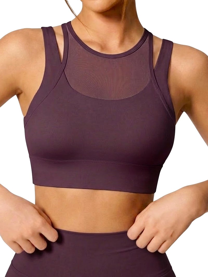 OQQ Womenâ€™s Sports Bra Mesh Cutout Workout Tank Top for Yoga Activewear Clothes 2026 Deep Purple - Image 1