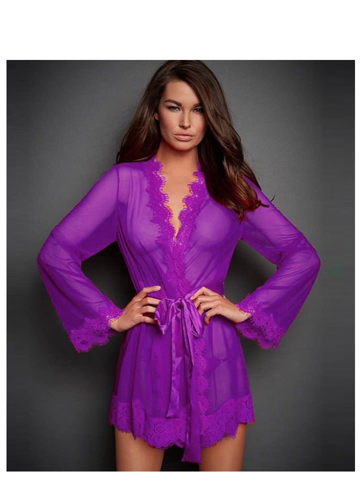 Lace mesh tie bathrobe pajamas with underwear
