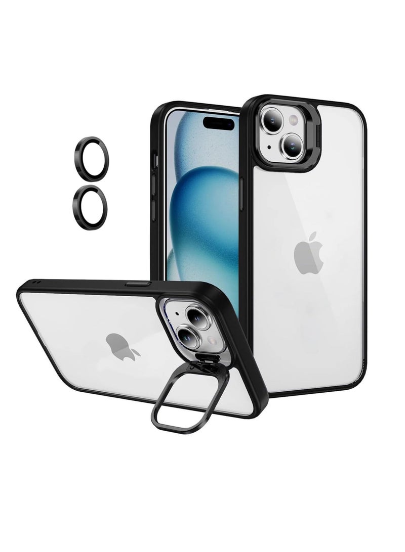 iPhone 15 6.1-Inch Clear Case with Kickstand, Built-in Camera Ring Stand, with Lens Protector Cover, Shockproof Hard PC Back Soft TPU Frame Slim Case