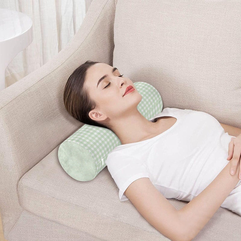 WELLDAY Green Gingham Checkered Neck Roll Pillow - Extra Dense Memory Foam Round Cylinder Bolster for Cervical Support, Spondylosis, Neck Pain Relief - Image 4