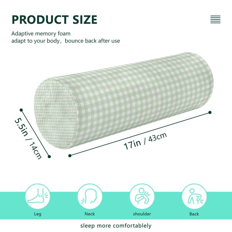 WELLDAY Green Gingham Checkered Neck Roll Pillow - Extra Dense Memory Foam Round Cylinder Bolster for Cervical Support, Spondylosis, Neck Pain Relief - Image 2