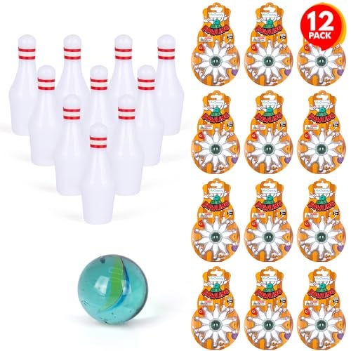 ArtCreativity Bowling Party Favors Pack of 12 Each Set Includes 10 Miniature Pins and 1 Marble Ball Mini Bowling Set Mini Games for Kids and Adults Fun Desk Toys - Image 1