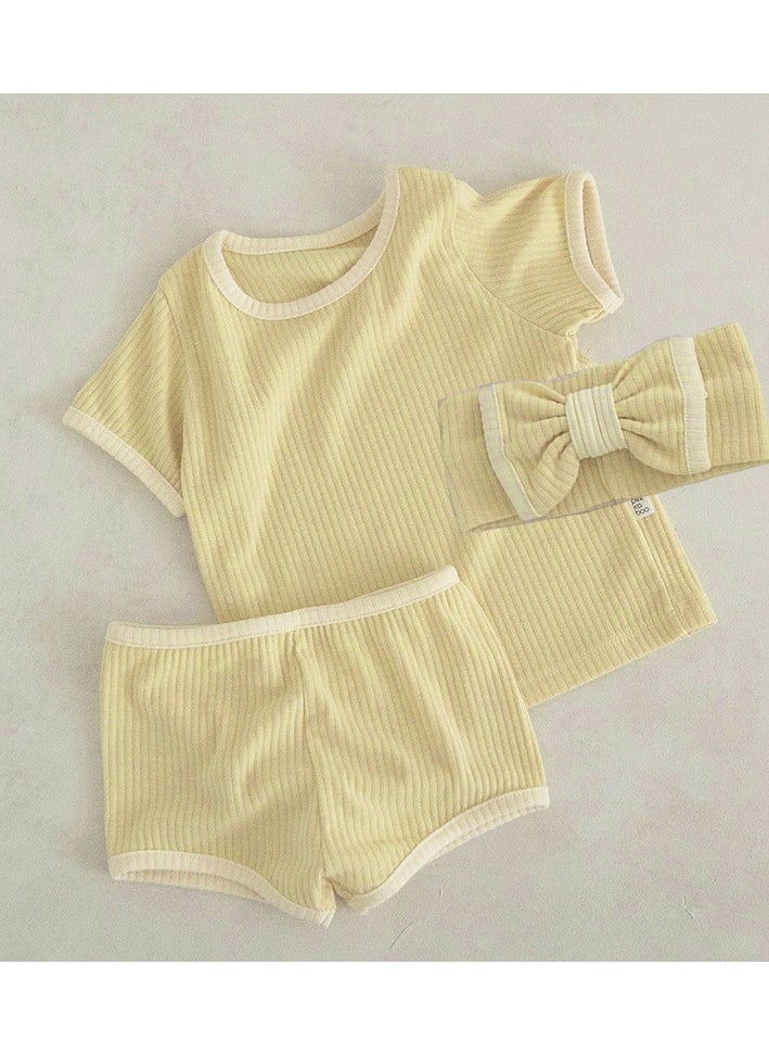 Baby Soft Breathable Cotton Short-Sleeved T-Shirt + Shorts Split + Hairband  Yellow Color Three-Piece Set - Image 1