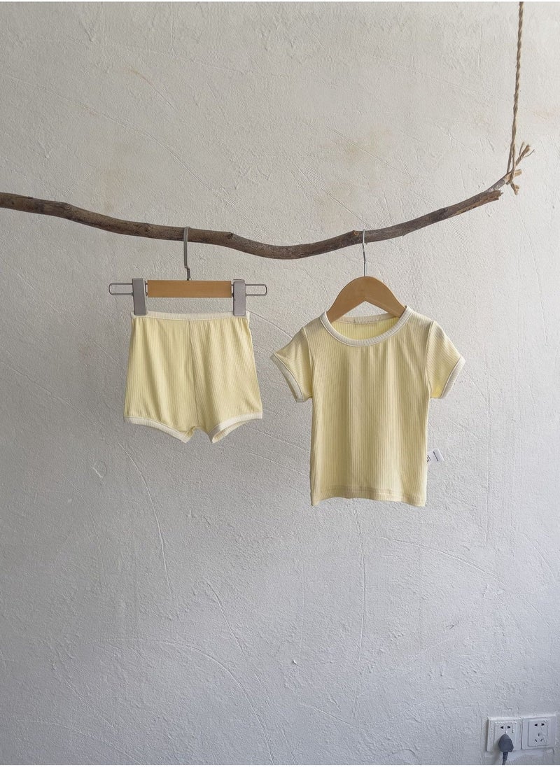 Baby Soft Breathable Cotton Short-Sleeved T-Shirt + Shorts Split + Hairband  Yellow Color Three-Piece Set - Image 4
