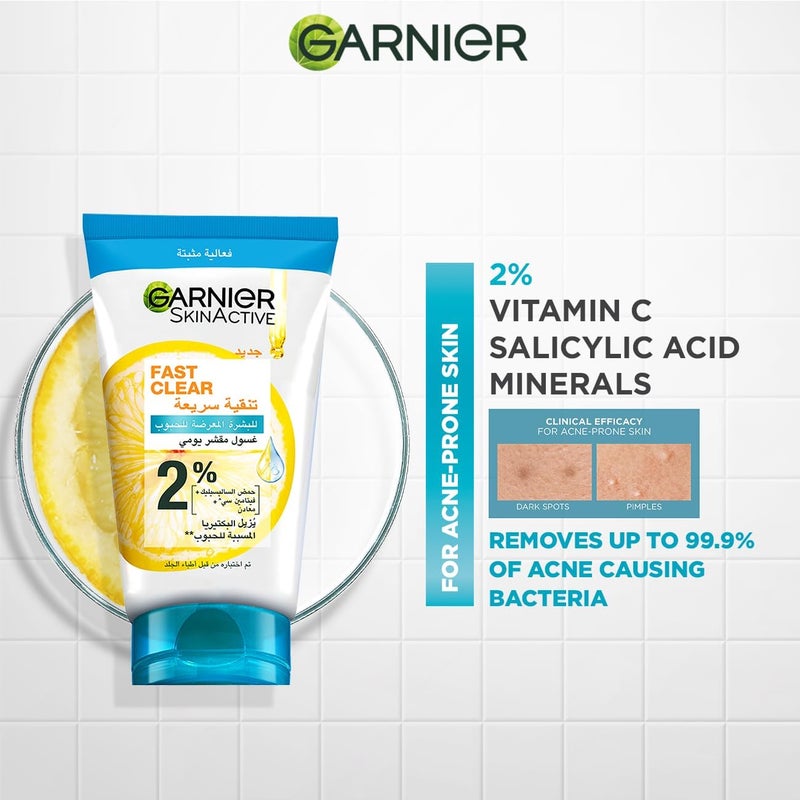 garnier Skinactive Fast Clear 3-in-1 Face Wash, For Acne Prone Skin, with Salicylic Acid and Vitamin C, 50ml - Image 1