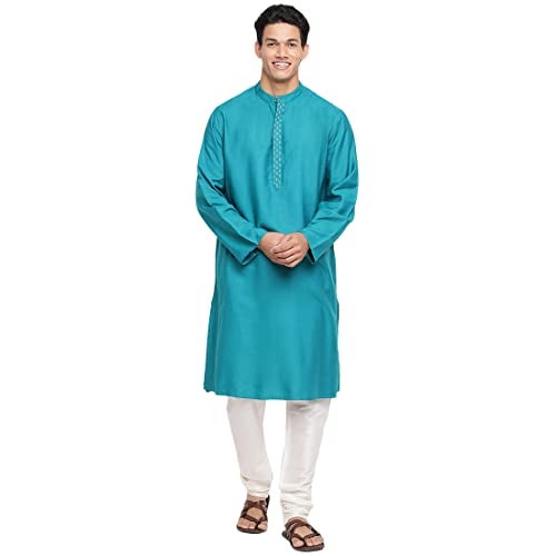 Fabindia Men's Viscose Silk Woven Relaxed Kurta (102593203_Teal - Image 1